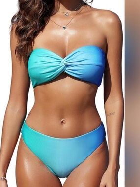 Zaful NWT M Teal Blue OMBRE Twist Bandeau Two-Piece SEXY Bikini